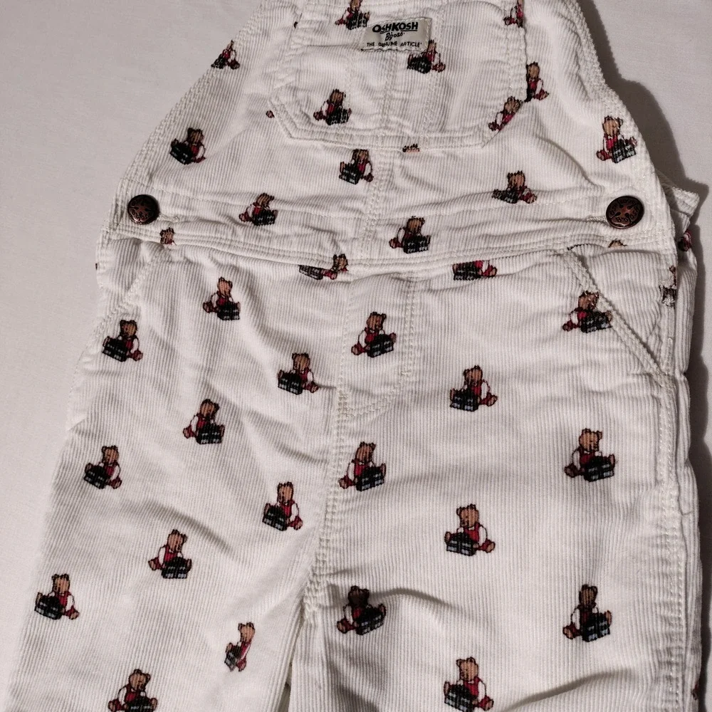 OshKosh B'gosh Kids White Corduroy Teddy Bear Vestbak Overalls 5T - Imperfect